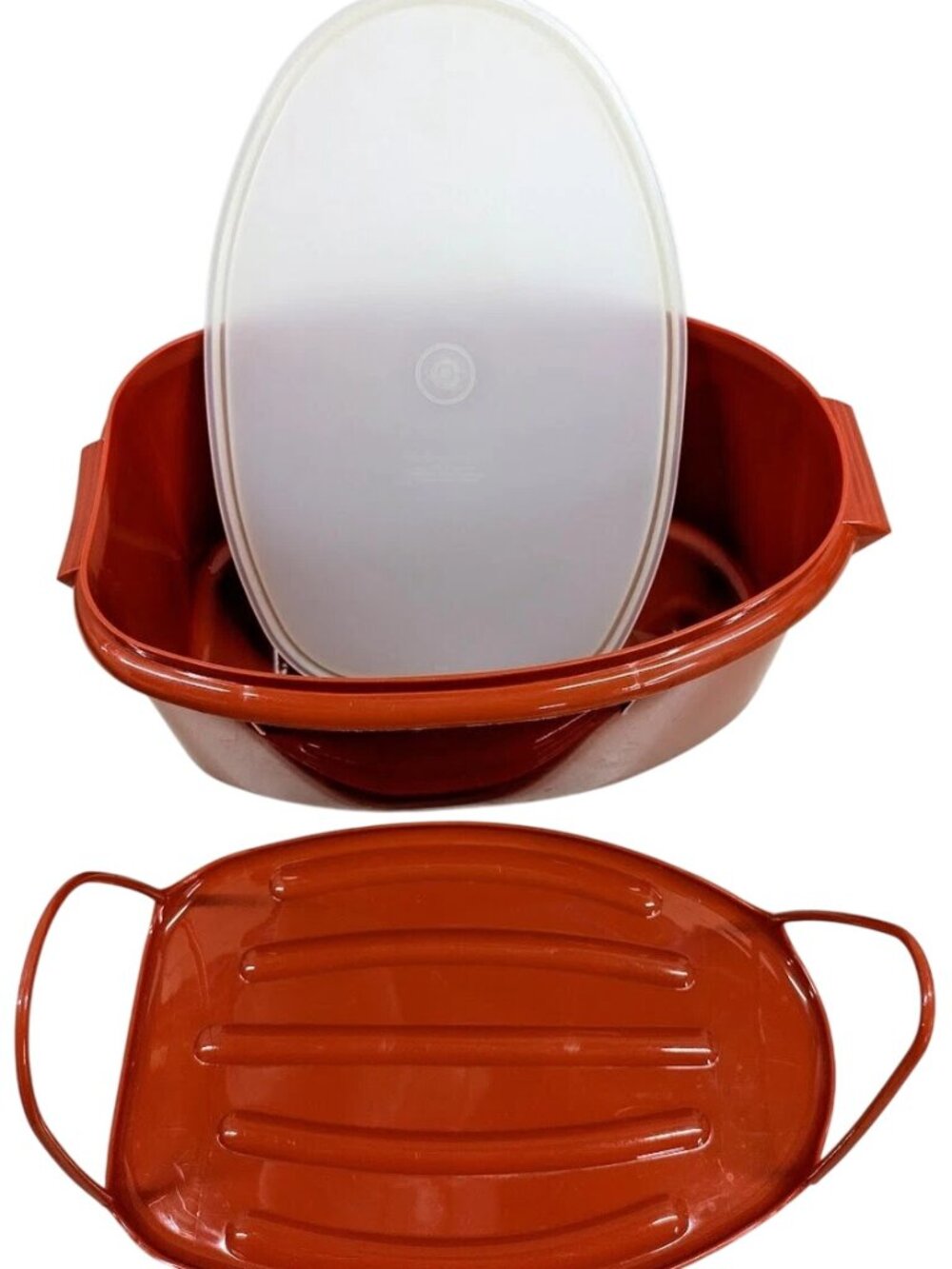 Vintage TUPPERWARE 487-5 Ham Roast Turkey Saver Keeper Paprika 3 Piece Set